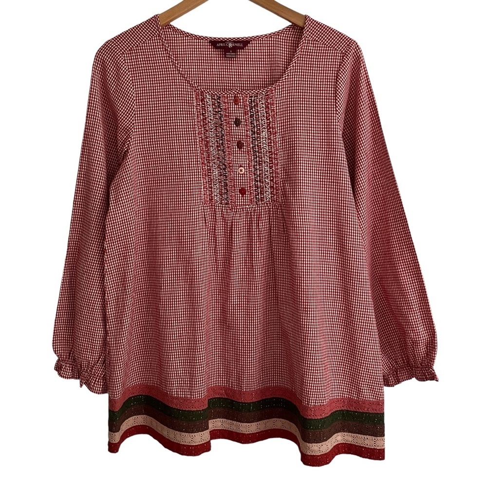 APRIL Cornell Crochet Lace Details Popover Gingham Long Sleeve Blouse Top